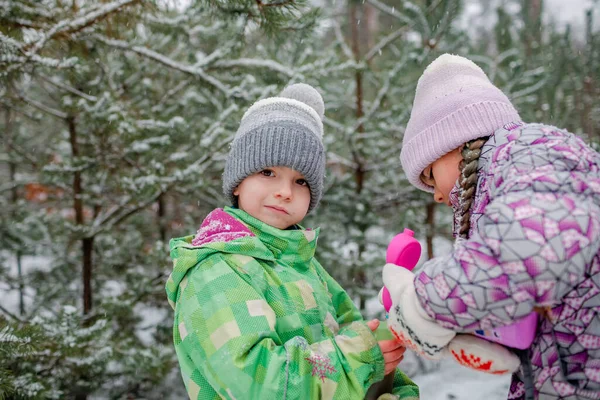 Glada barn dricker te under vintern picknick i skogen på snön dag, glada familj promenader — Stockfoto