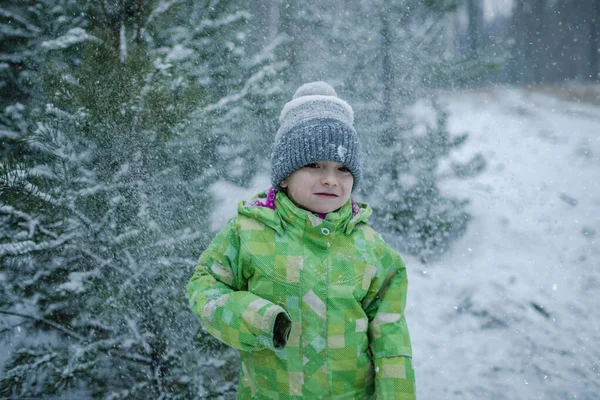 Mrożony chłopiec w ciepłych ubraniach spaceruje po lesie z pierwszym długo oczekiwanym śniegiem, zimową krainą czarów — Zdjęcie stockowe