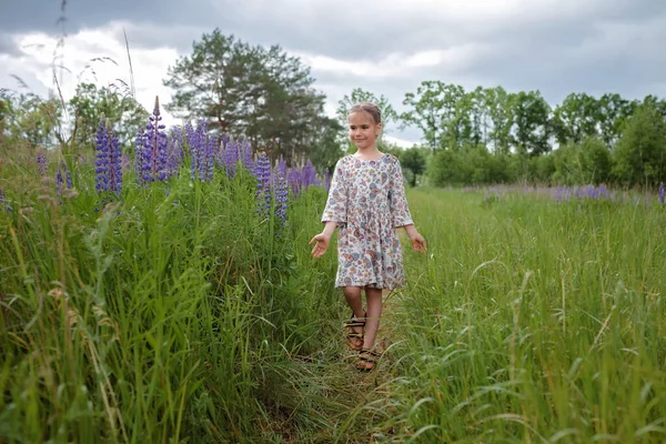 Little girl runs among purple lupines in blooming field. Health, nature, summertime. Happy childhood — Stock Photo, Image