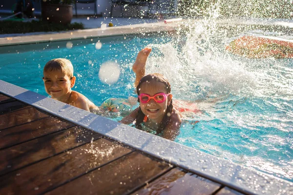 Cheerful Children Googles Laughing While Playing Swimming Pool Sunny Day — стоковое фото
