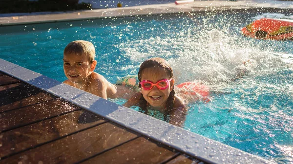 Refreshing Heat Weather Cheerful Children Googles Smiling While Playing Swimming — стоковое фото