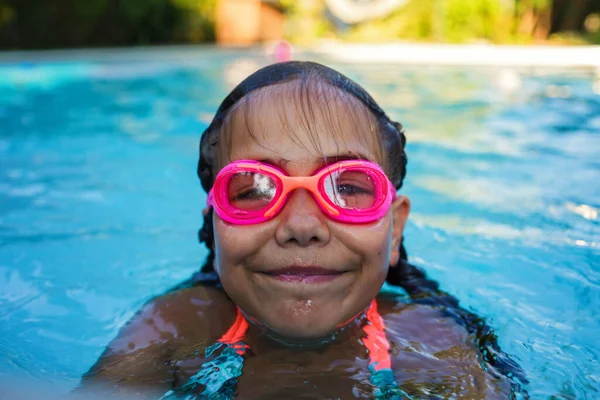 Portrait Girl Two Braids Swimming Suit Goggles Smiles Enjoy Training — 스톡 사진