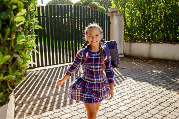 Back School Happy Girl Backpack Primary School Kids Going School — Foto Stock