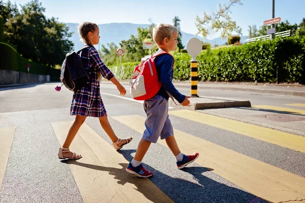 Pedestrian Schoolchildren Backpacks Crossing Road Crosswalk Way School Back School — 스톡 사진