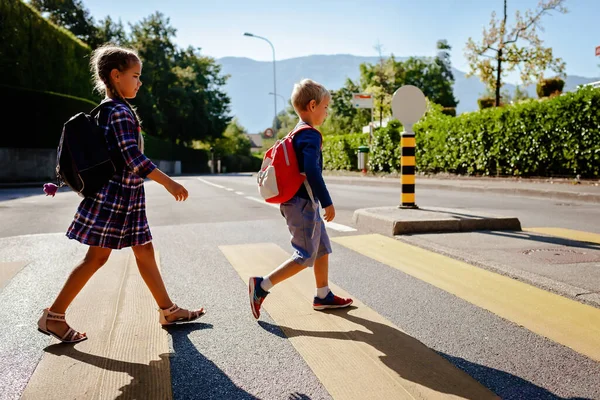 Young pedestrians with backpacks walk to school and cross the road at crosswalk, back to school, school time, child safety, traffic road rules. Study and education concept, lifestyle