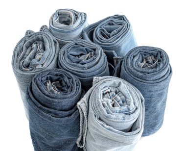 Jeans made of recycled cotton on a white background