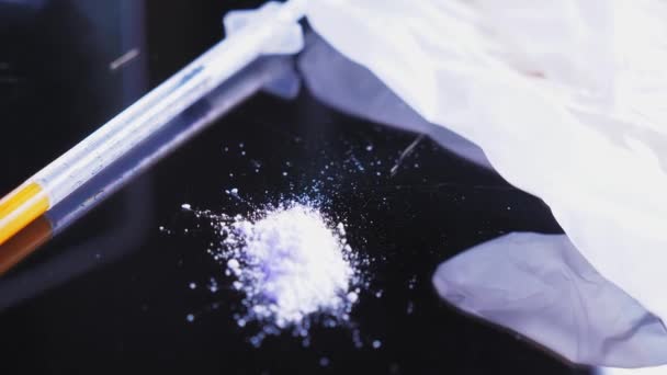 White Powder Insulin Syringe White Medical Gloves Lie Dark Reflective — Stock Video