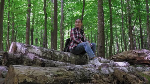 Young Woman Jeans Plaid Shirt Sits Fallen Trees Forest Girl — Videoclip de stoc