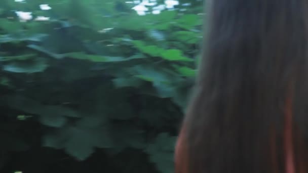 Μια Έφηβη Μακριά Ξανθά Μαλλιά Περπατά Ανάμεσα Στο Πράσινο Της — Αρχείο Βίντεο