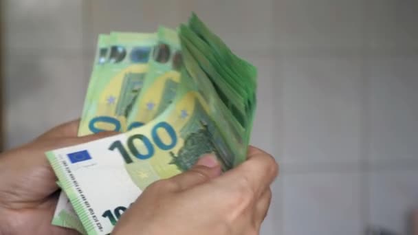 Womens Hands 100 Euro Bills Girl Counts Stack Money High — ストック動画