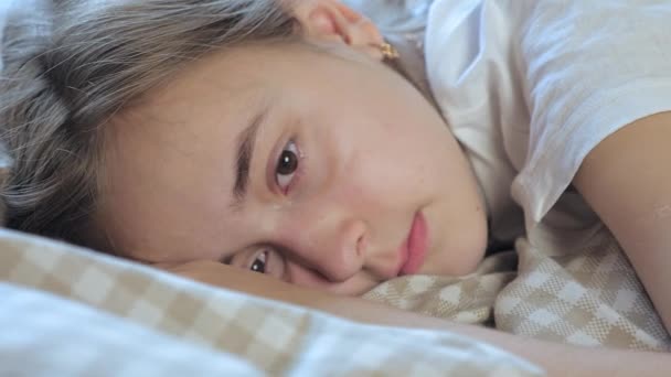 Upset Teen Girl Lies Bed Home Girl Suffers Bullying Discrimination — Vídeo de Stock