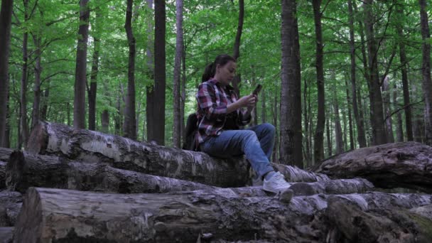 Young Woman Jeans Plaid Shirt Sits Fallen Trees Forest Surfs — Vídeos de Stock