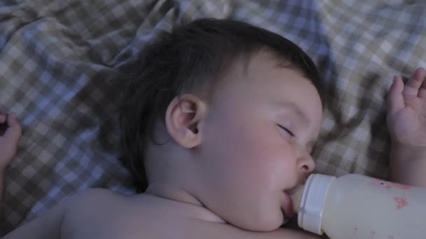 Portrait Sleeping Little Child Bottle His Mouth Baby Eats Dream — Stock Video