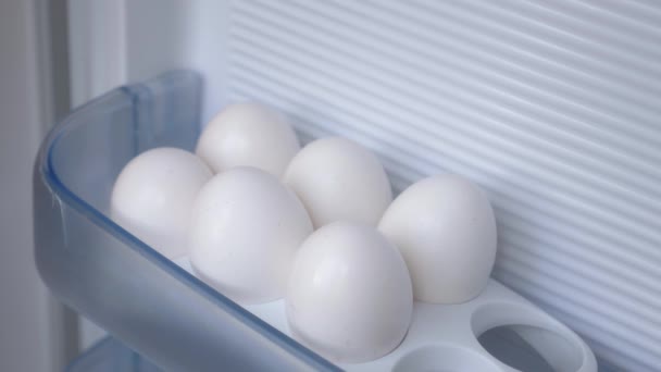 Girl Takes Eggs Egg Tray Refrigerator Womans Hand Takes Two — Stockvideo