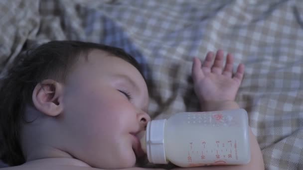 Portrait Sleeping Little Child Bottle His Mouth Baby Eats Dream — Vídeos de Stock