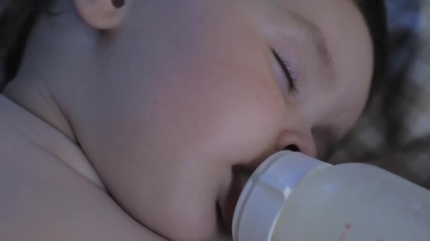 Portrait Sleeping Little Child Bottle His Mouth Baby Eats Dream — Video Stock