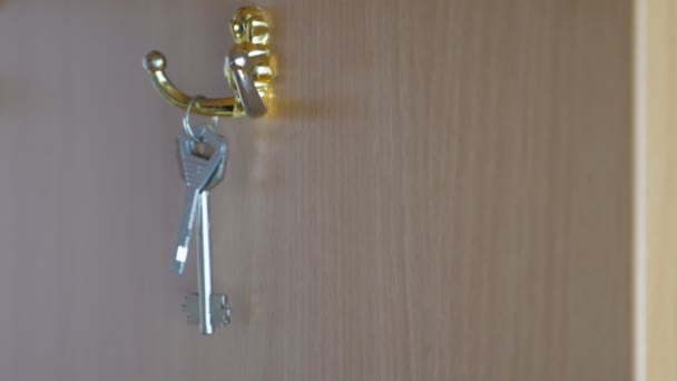 Womans Hand Hangs Bunch Keys Cabinet Hook Hallway Girl Went — Wideo stockowe