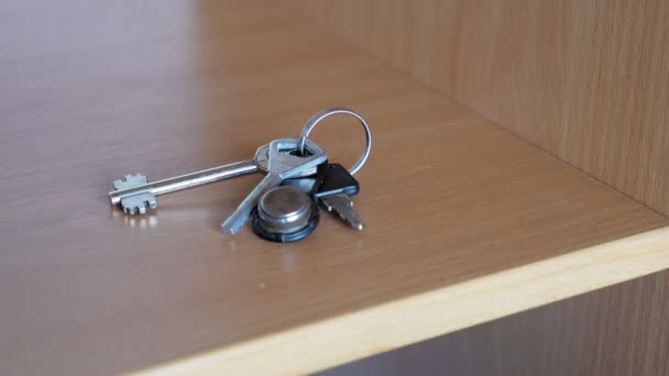 Womans Hand Takes Bunch Keys Shelf Girl Leaves Apartment Takes — Stockvideo