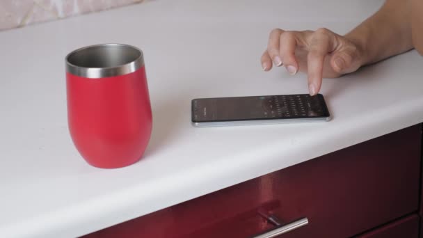 Girl Stands Kitchen Holds Phone Her Hands Woman Makes Purchases — Video