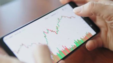 Kadın akıllı telefondaki dijital bir borsada fiyat tablosunu kontrol ediyor. Elinde cep telefonu olan eller, borsa verilerini kontrol ediyor. Dokunmatik ekran aygıtındaki borsa grafiğine yakınlaştırılıyor, kaydırılıyor