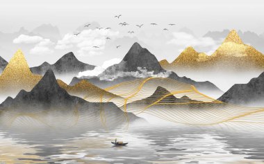 Chinese style abstract geometric landscape painting, cloud reflection art pattern clipart