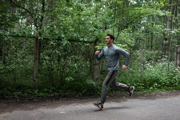 Sporty handsome man in grey sportswear jogging in the wood at the morning time