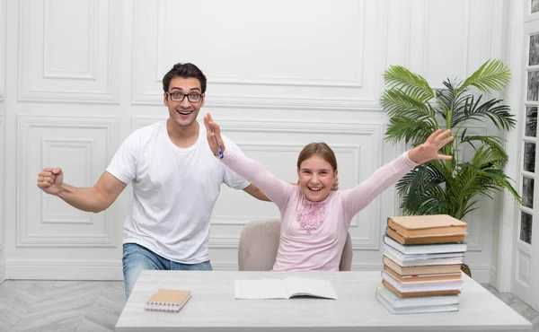 Cheerful Father Daughter Feeling Excellent Finishing All Homework Parent Child — Stock Photo, Image