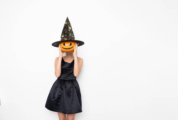 Young Attractive Woman Black Beautiful Dress Witch Hat Holding Pumpkin — Stock Photo, Image