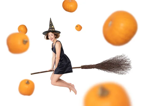 Full Length Body Size Cheerful Funny Witch Riding Broomstick Flying — Stock Photo, Image