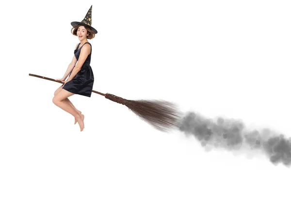 Full Length Body Size Cheerful Funny Witch Riding Broomstick Flying — Stock Photo, Image