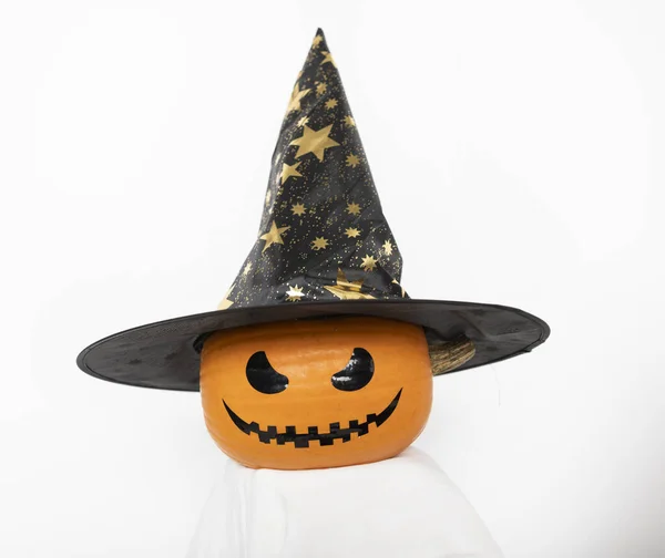 Close Photo Scary Pumpkin Witch Hat Isolated White Background Halloween Stock Photo