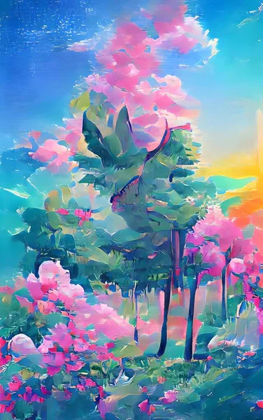 Fantasy forest with oasis, tropical leaves, flowers, stone mountain. Art, nft - NFT nonfungible token. illustration.