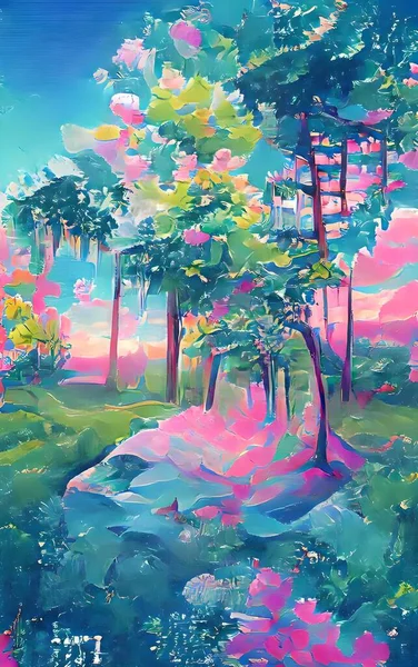 Mobile format background with moon, sun, mountains, day, night, sky and forest. Wallpaper illustrations. Nature Fairy Land Background NFT - non-fungible token