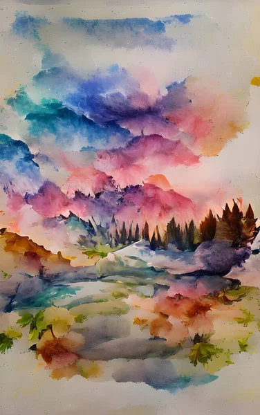 watercolor landscape with clouds and fog