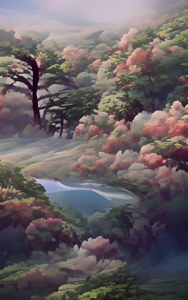 beautiful landscape with a river, 3d illustration