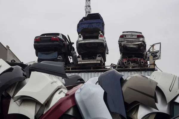 Car Cemetery - cars waiting to be recycle in junkyard in Turkey, Ankara - stacked cars in Auto graveyard