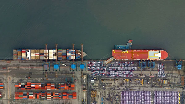 Trade, ships and containers looking down aerial view from above, birds eye view, port of Santos, Brazil