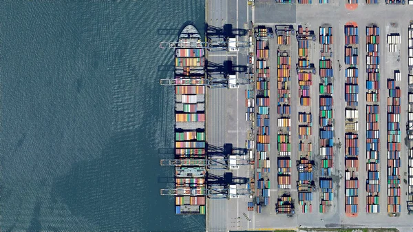 Trade, ships and containers looking down aerial view from above, birds eye view, port of Santos, Brazil