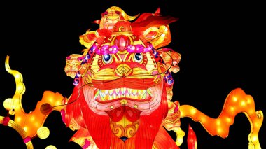PAKRUOJIS / LITHUANIA - 29 Aralık 2019: Işık Festivali 'nde geleneksel renkli Çin ejderhası başı