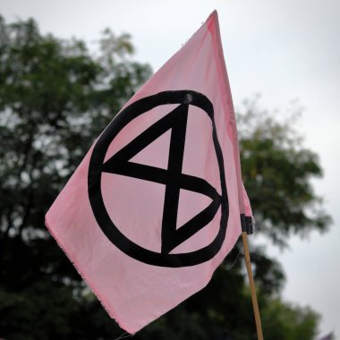 London, UK - September 04, 2021: Extinction Rebellion banners and flags at the protest in London