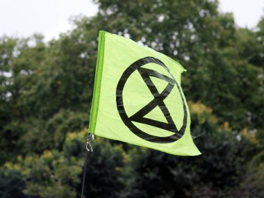 London, UK - September 04, 2021: Extinction Rebellion banners and flags at the protest in London