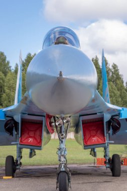 SIAULIAI / LITHUANIA - 27 Temmuz 2019: Siauliai Hava Üssü 'nde Falcon Wings 2019 hava gösterisinde Ukrayna Hava Kuvvetleri Sukhoi Su-27 savaş uçağı statik görüntüsü