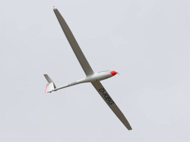 KAUNAS / LITHUANIA - August 10, 2019: Mini LAK FES FAI 13,5 m class sailplane electric motorglider D-KIBG flight display at S. Darius and S. Girnas Airport in Aleksotas, Kaunas, Lithuania