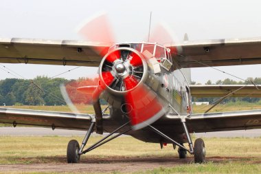 KAUNAS / LITHUANIA - August 10, 2019: Lithuanian LY-APG Antonov An-2 transport aircraft front view at air show in S. Darius and S. Girnas Airport in Aleksotas, Kaunas, Lithuania