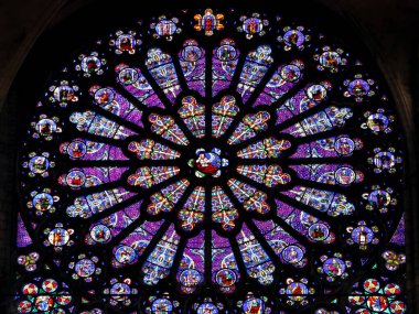 Paris, France - June 15, 2019: Colorful stained glass windows in the Basilica of Saint-Denis near Paris, France