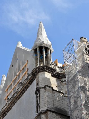 Cathedral Notre-Dame de Paris, after the fire, under reconstruction with scaffolding