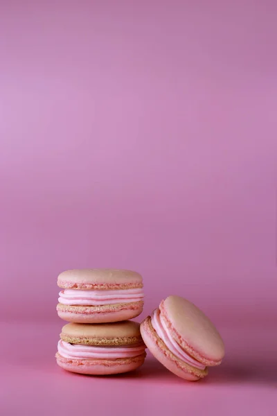 macaroons with pink buttercream on a purple background with copy space