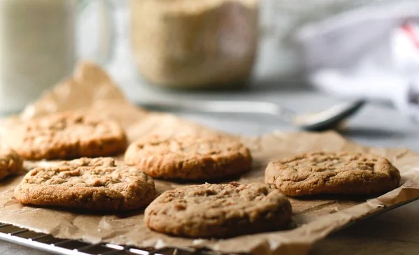 Fresh Baked Oatmeal Cookies Baking Rack Milk Oats Background — Stockfoto