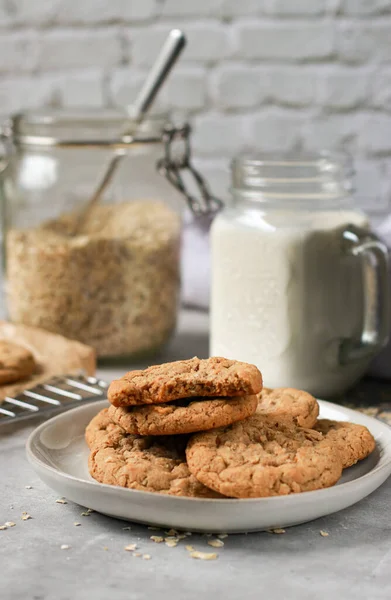 Fresh Baked Oatmeal Cookies Baking Rack Milk Oats Background — Stock Photo, Image