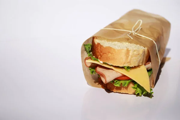 Close Sandwich Ham Cheese White Background — стоковое фото